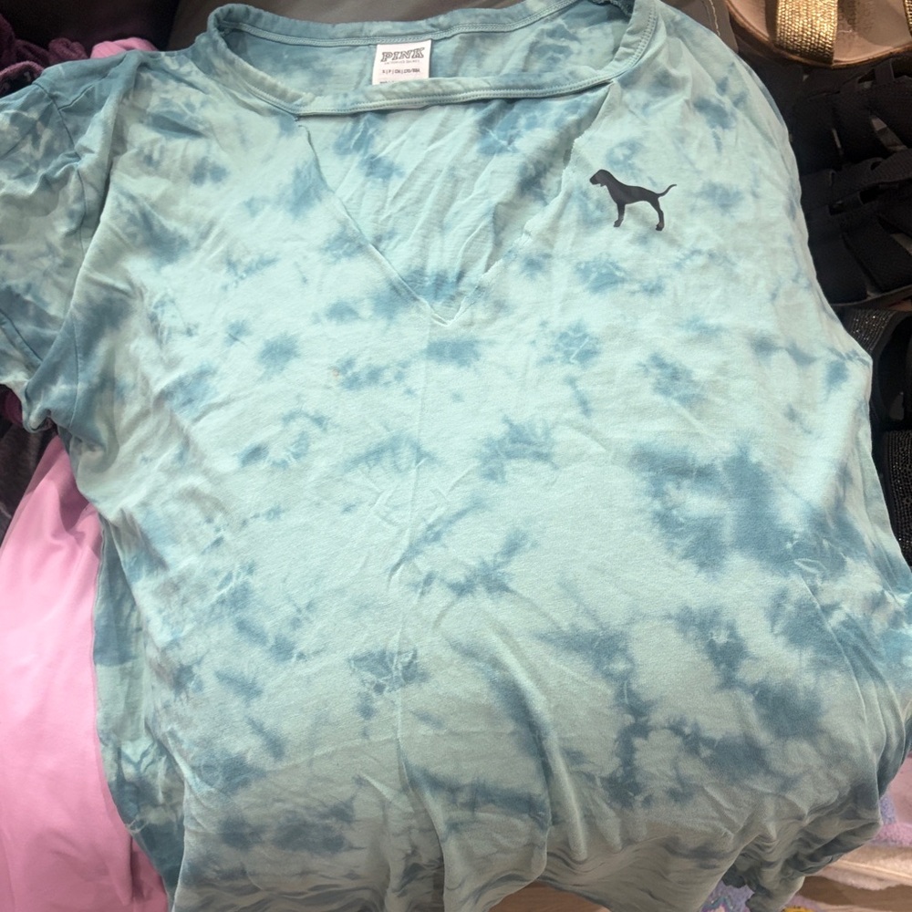 PINK Victoria's Secret Aqua Tie-Dye V-Neck Short Sleeve Tee